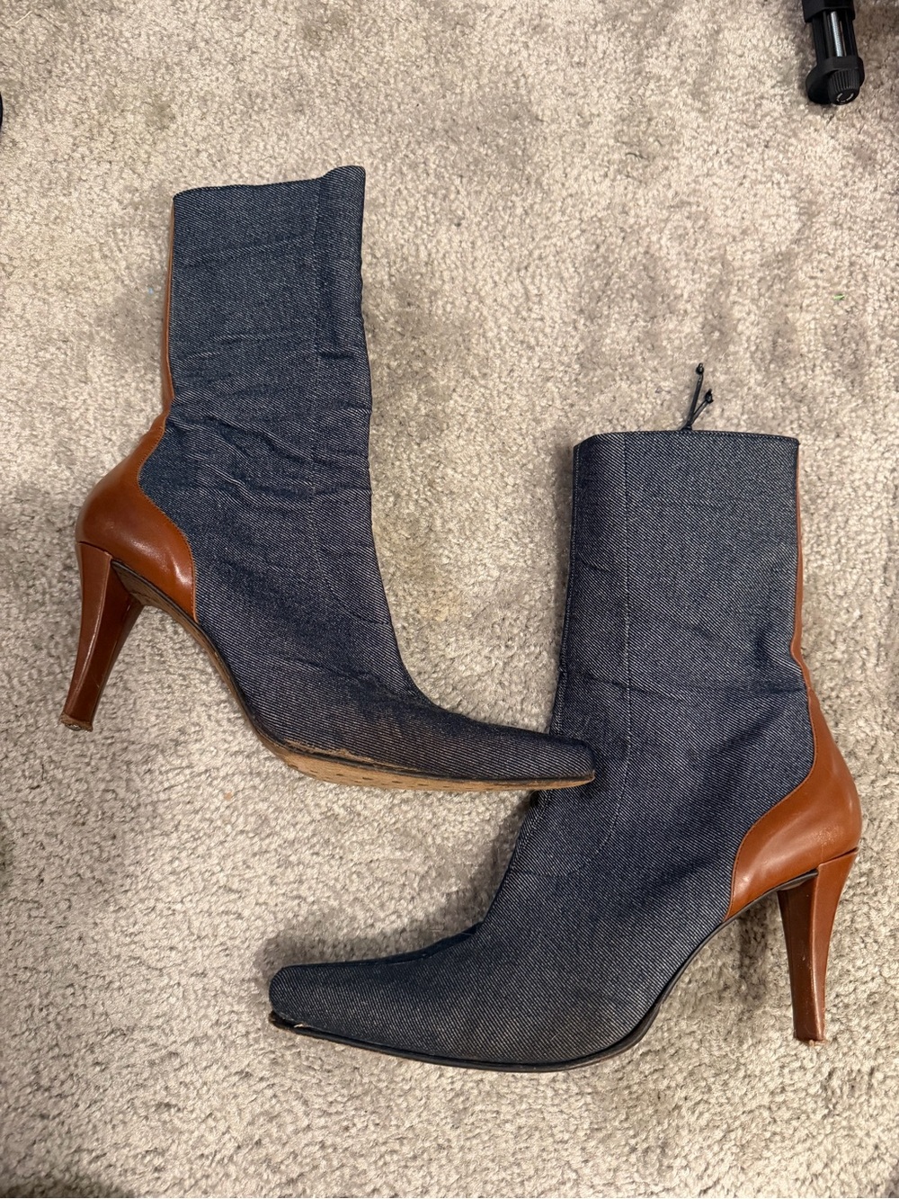 Donald J. Pliner Denim and Brown Leather Mid-Calf Stiletto Boots